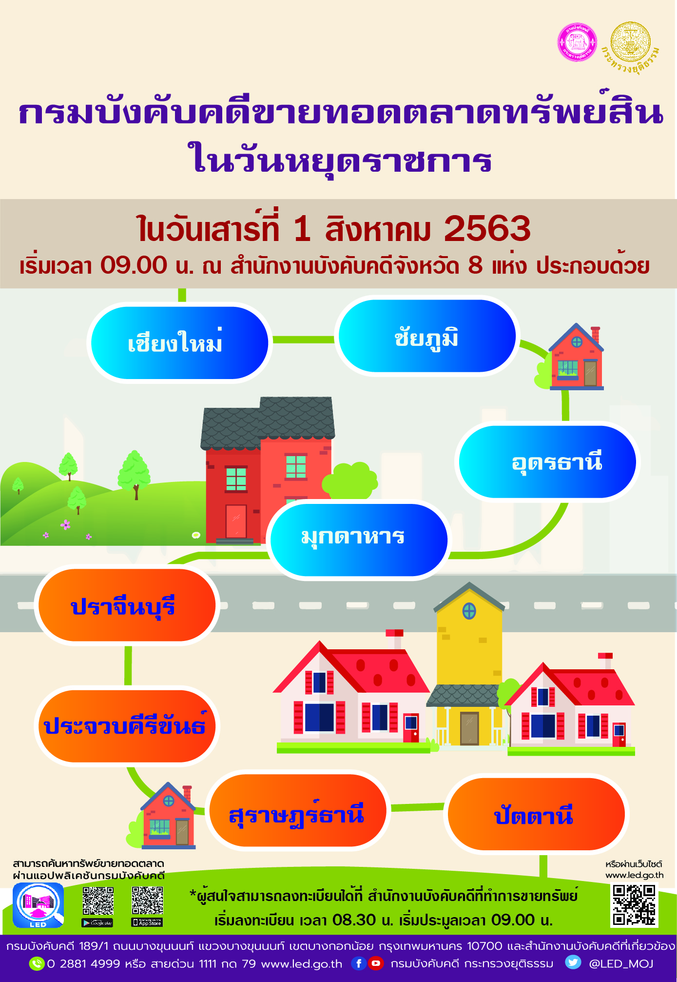 ﻿กรมบังคับคดีจัดขายทอดตลาดทรัพย์สินในวันหยุดราชการ วันเสาร์ที่ 1 สิงหาคม 2563